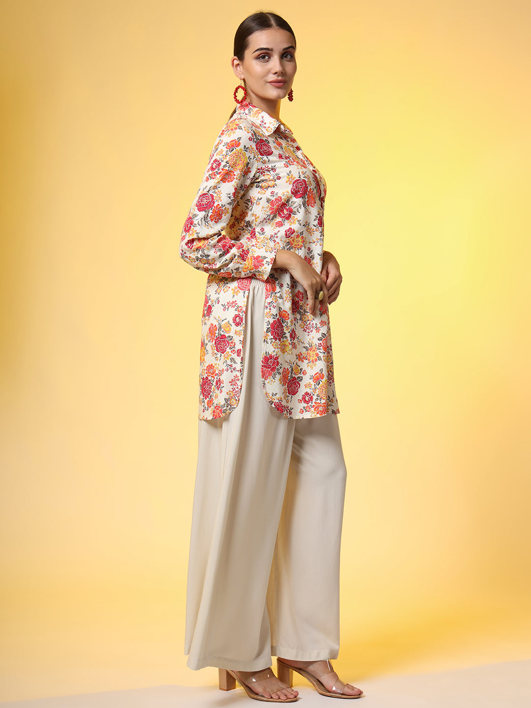 Women's Printed Cream Shirt With Flower Motif