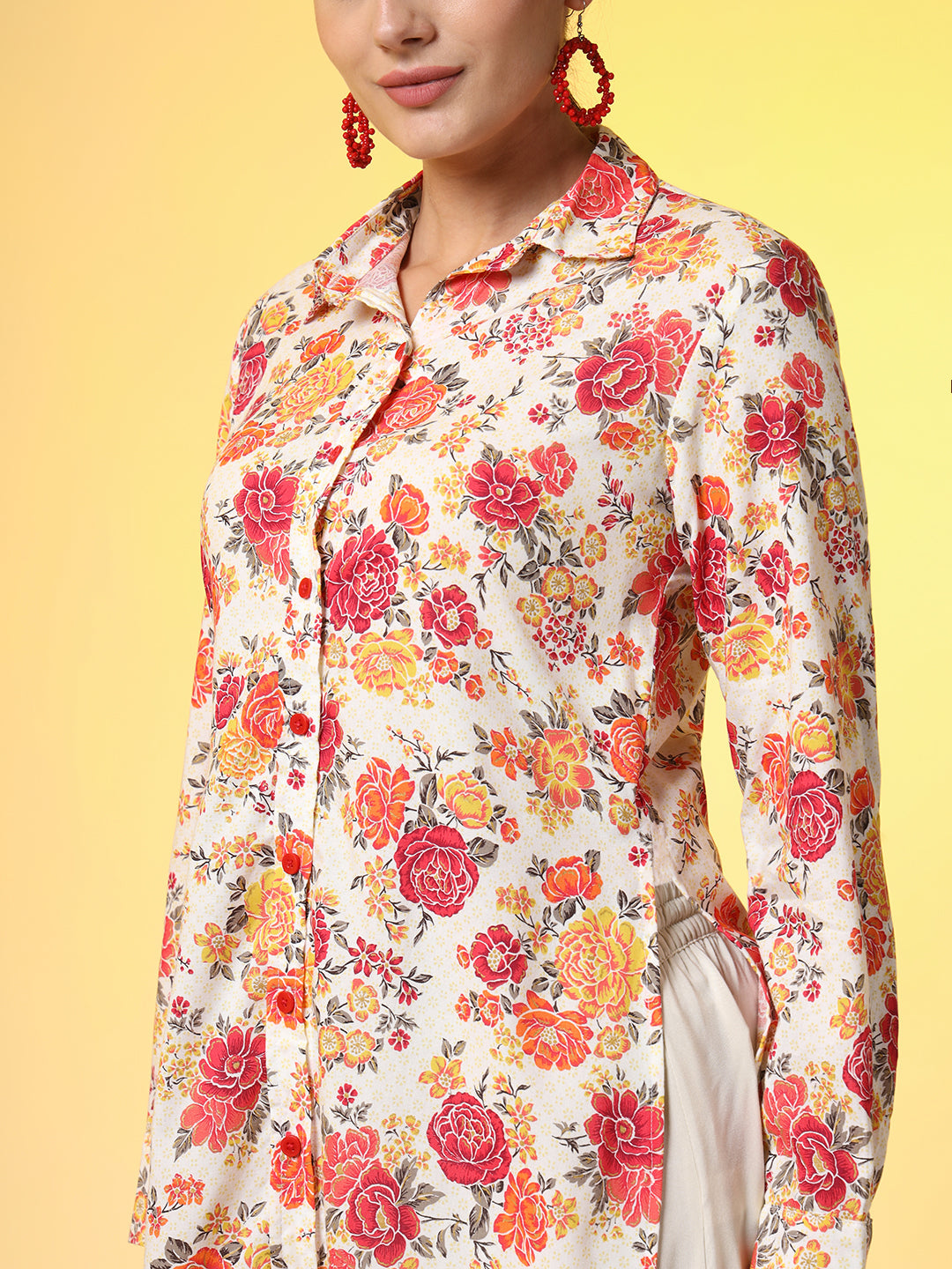 Women's Printed Cream Shirt With Flower Motif
