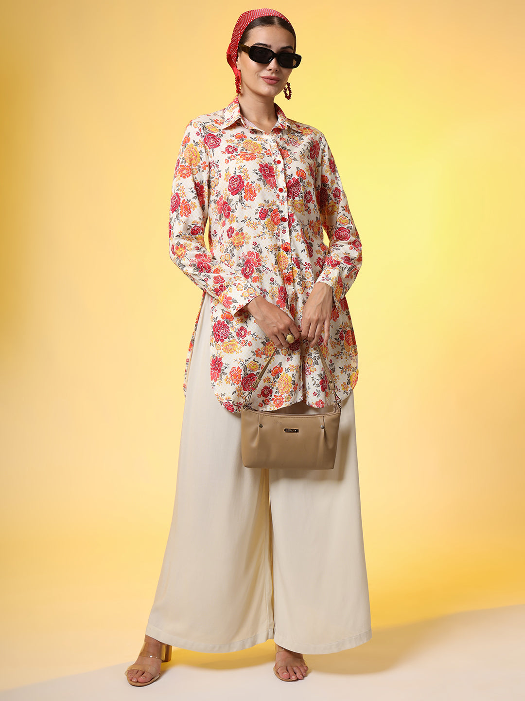 Women's Printed Cream Shirt With Flower Motif