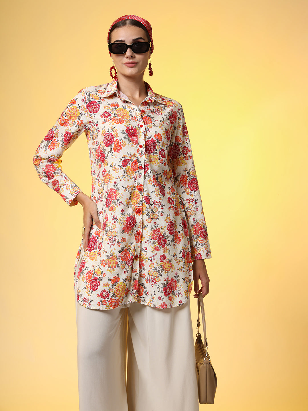 Women's Printed Cream Shirt With Flower Motif