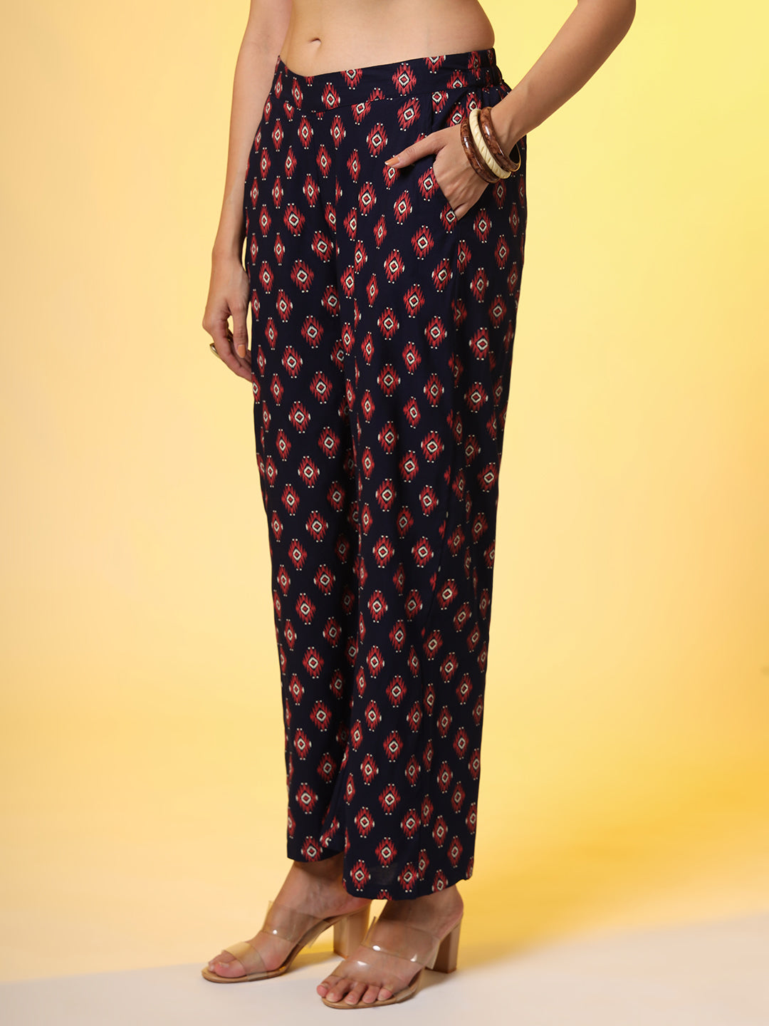 Women's Navy Blue With Red Color Motif Western Wear Co-Ord Set