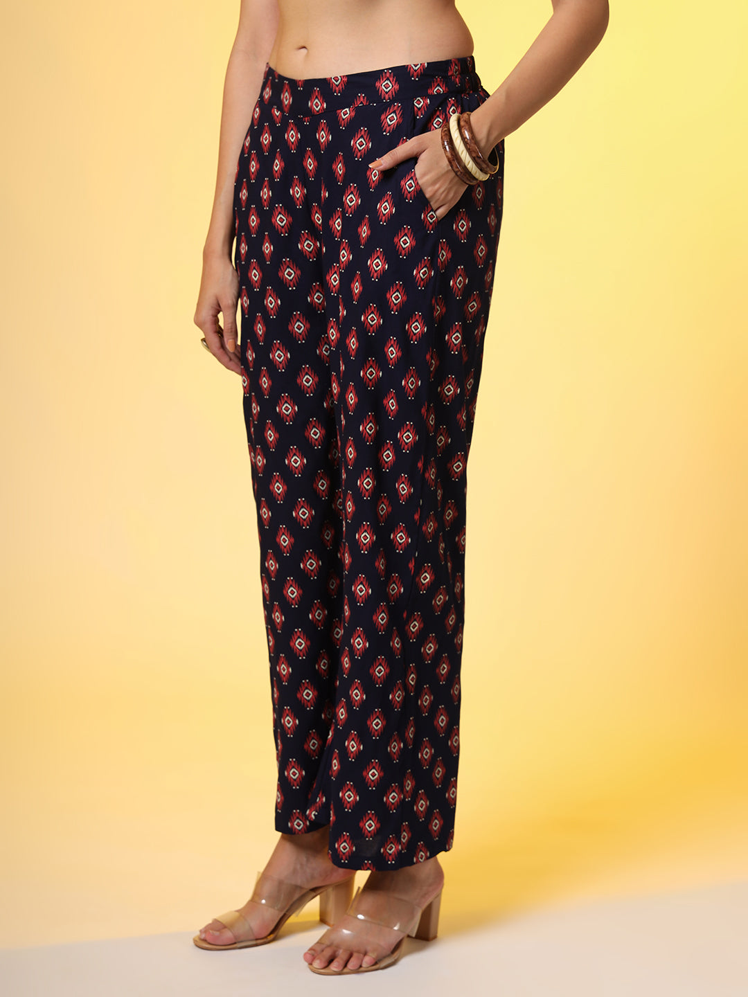 Women's Navy Blue With Red Color Motif Western Wear Co-Ord Set