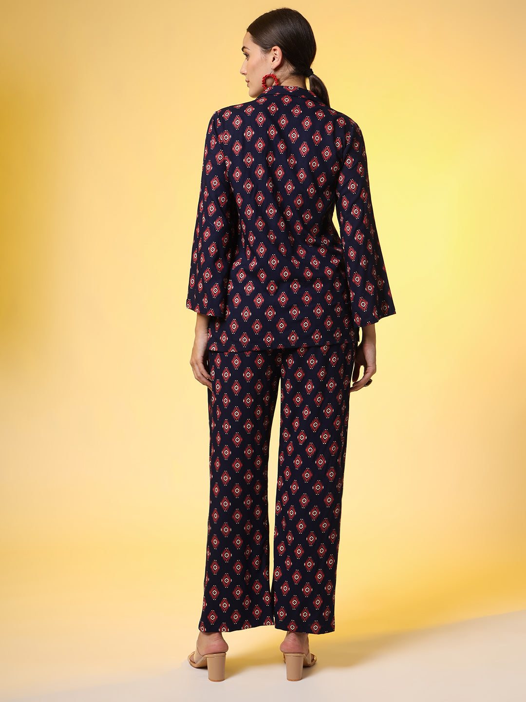 Women's Navy Blue With Red Color Motif Western Wear Co-Ord Set