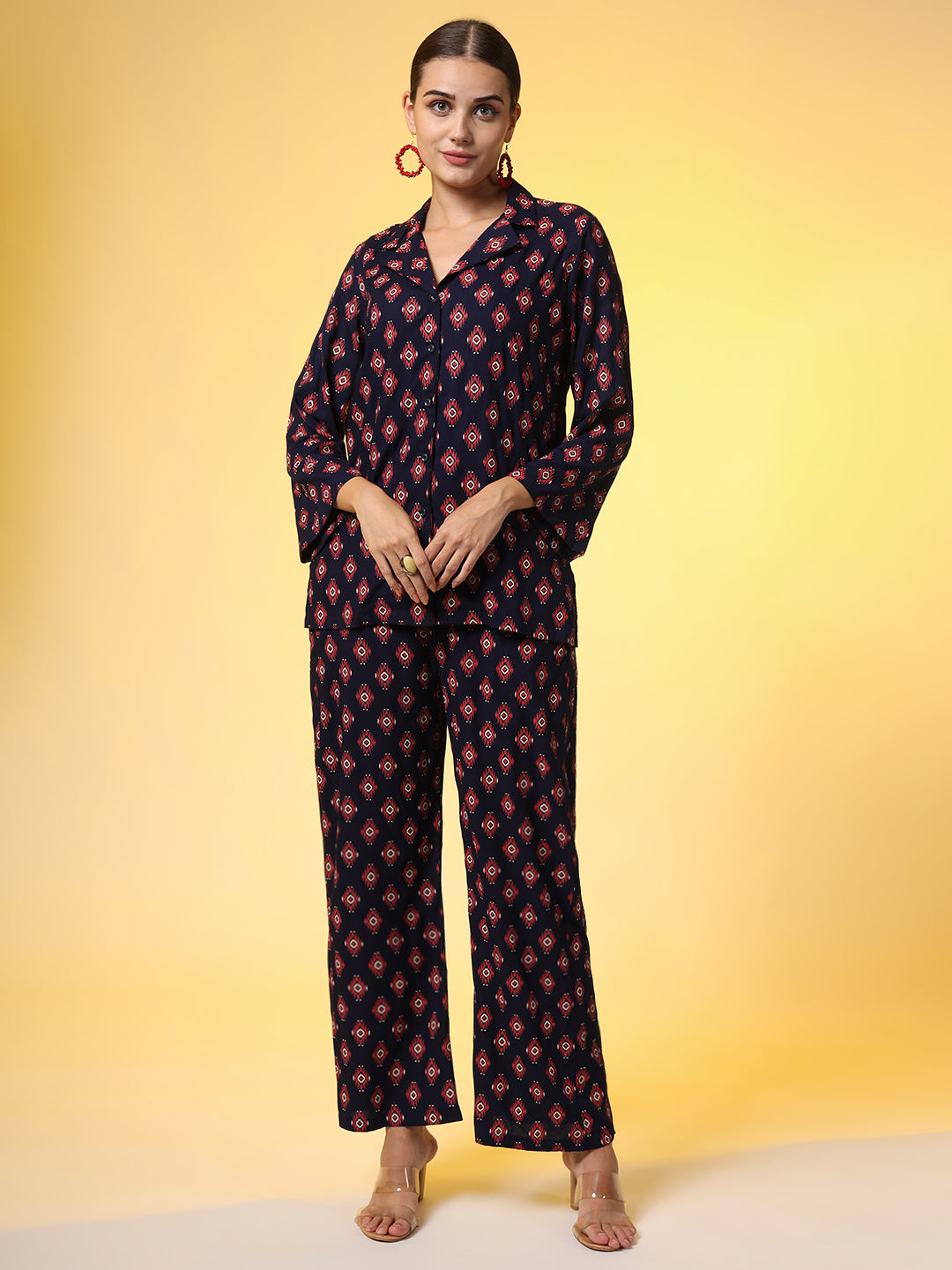 Women's Navy Blue With Red Color Motif Western Wear Co-Ord Set