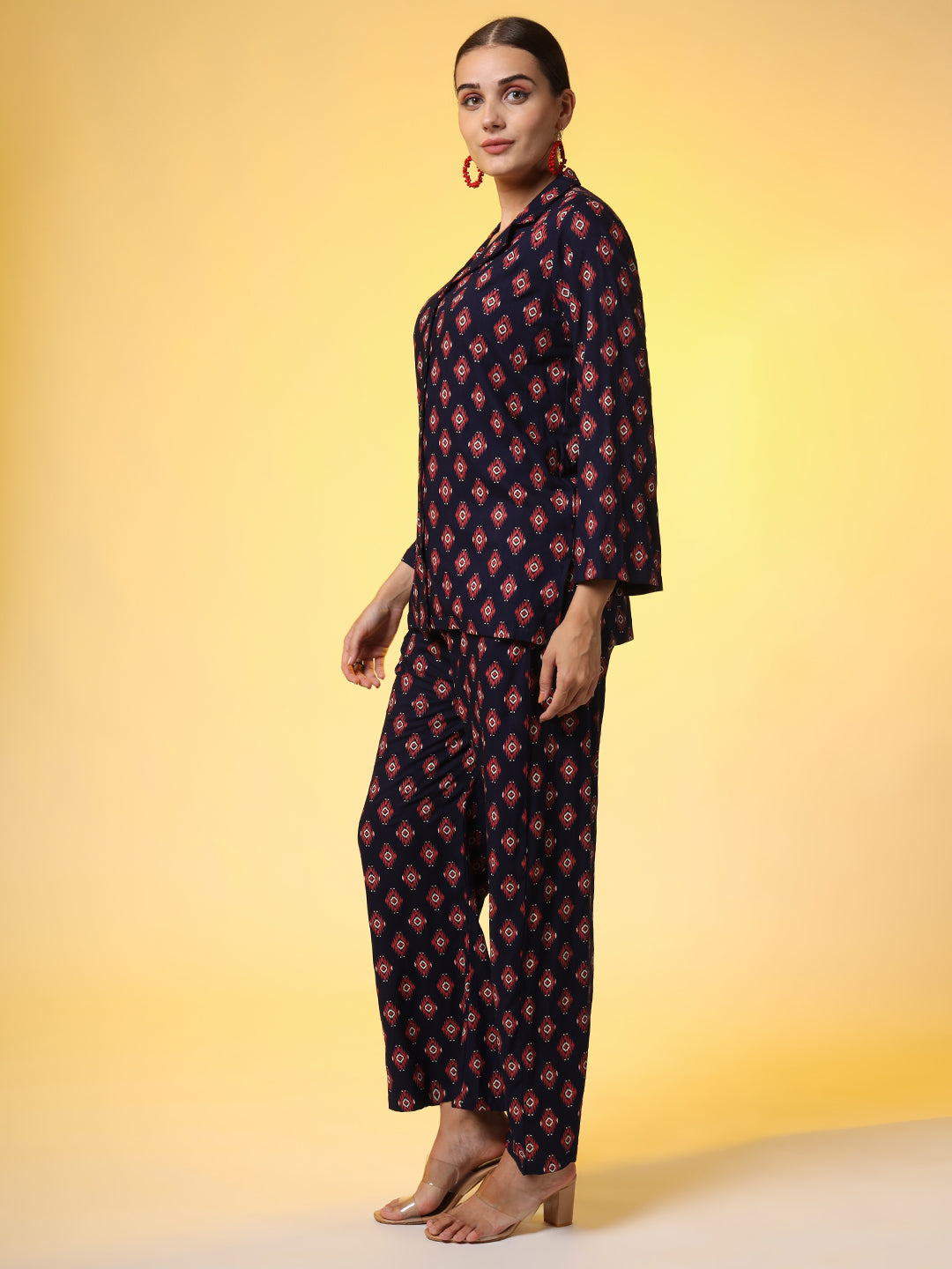Women's Navy Blue With Red Color Motif Western Wear Co-Ord Set