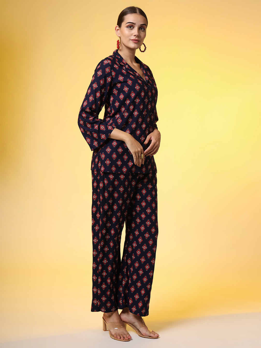 Women's Navy Blue With Red Color Motif Western Wear Co-Ord Set