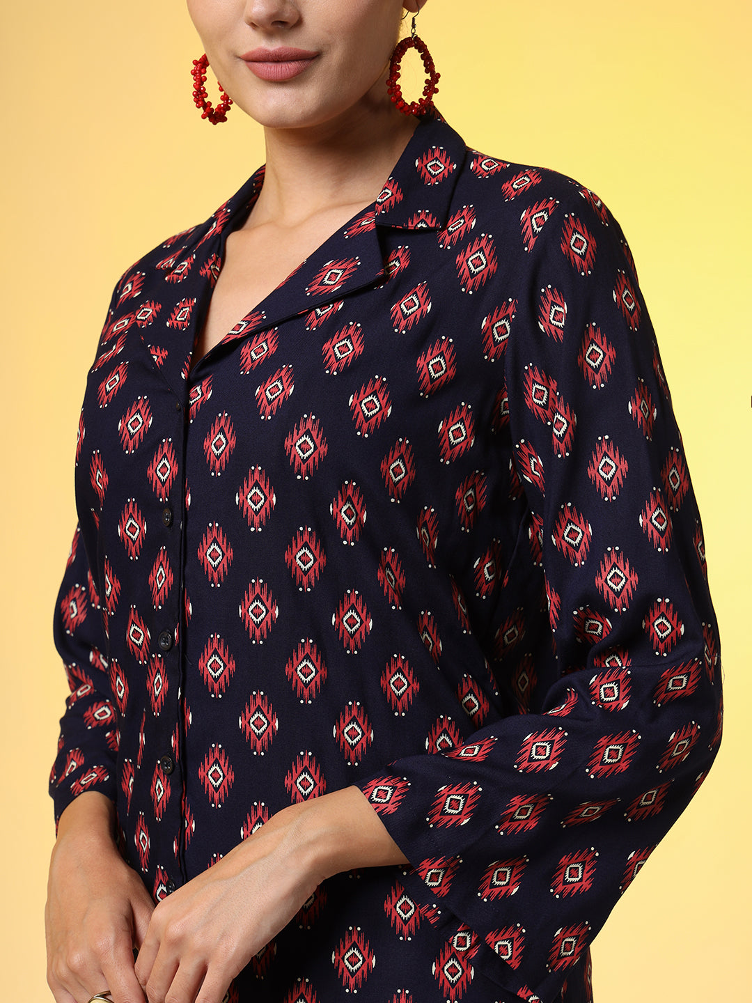 Women's Navy Blue With Red Color Motif Western Wear Co-Ord Set