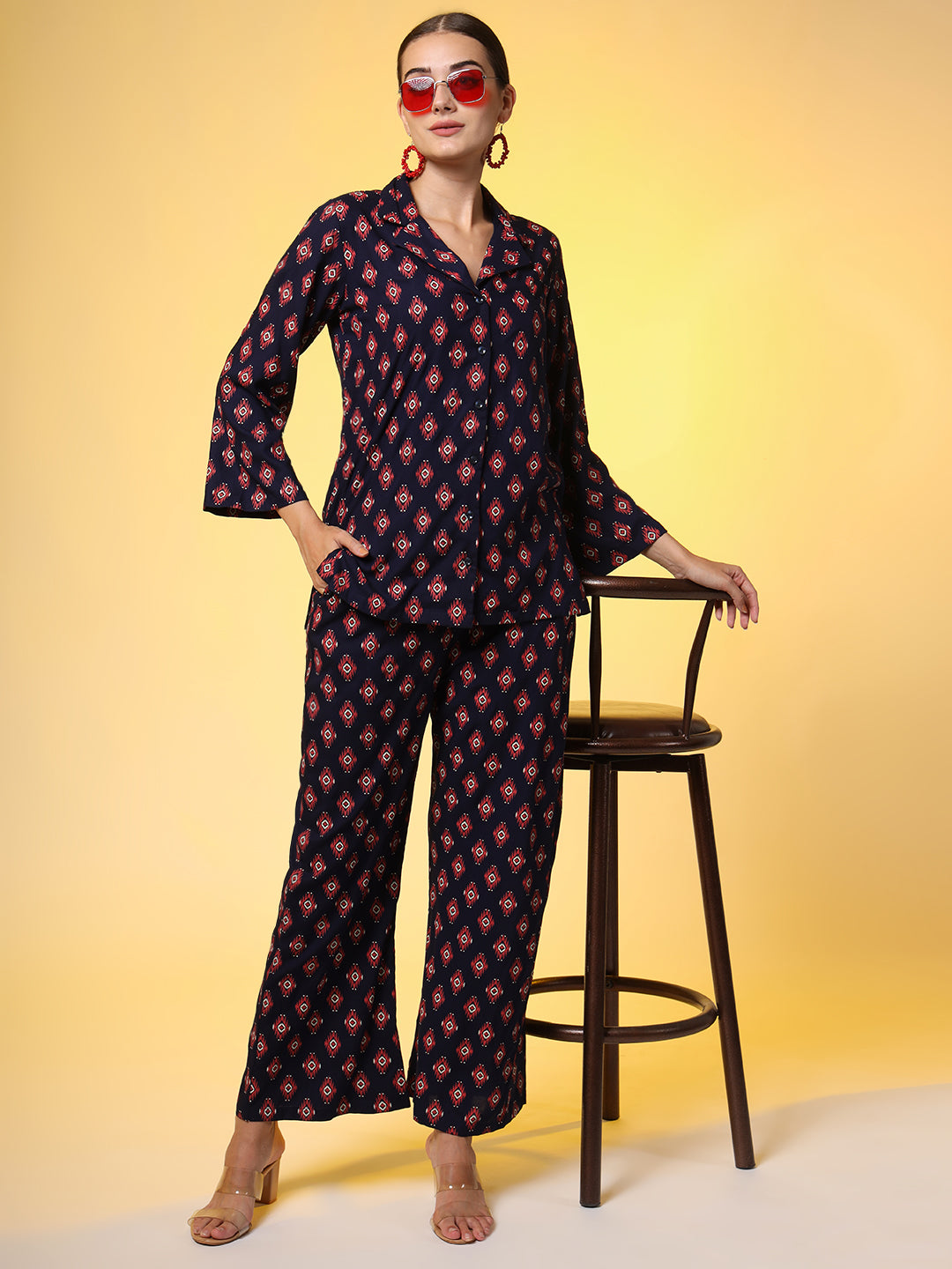 Women's Navy Blue With Red Color Motif Western Wear Co-Ord Set
