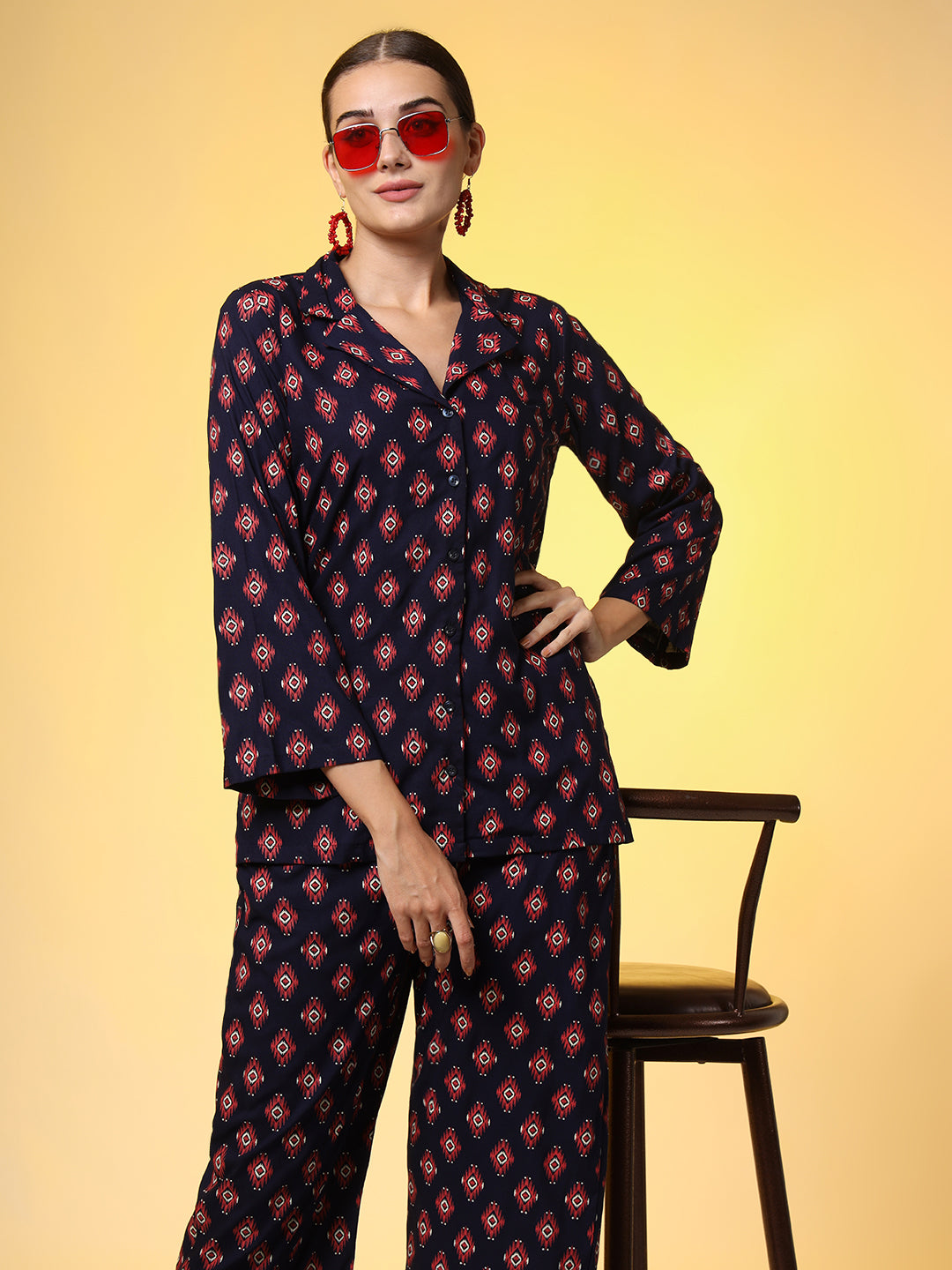 Women's Navy Blue With Red Color Motif Western Wear Co-Ord Set