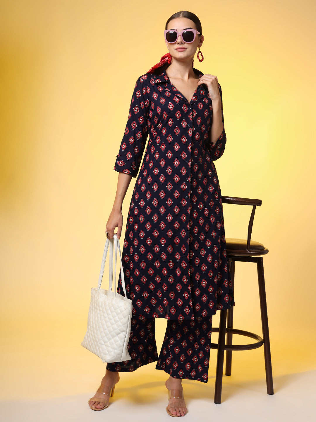 Women's Navy Blue With Red Color Motif Western Wear Co-Ord Set