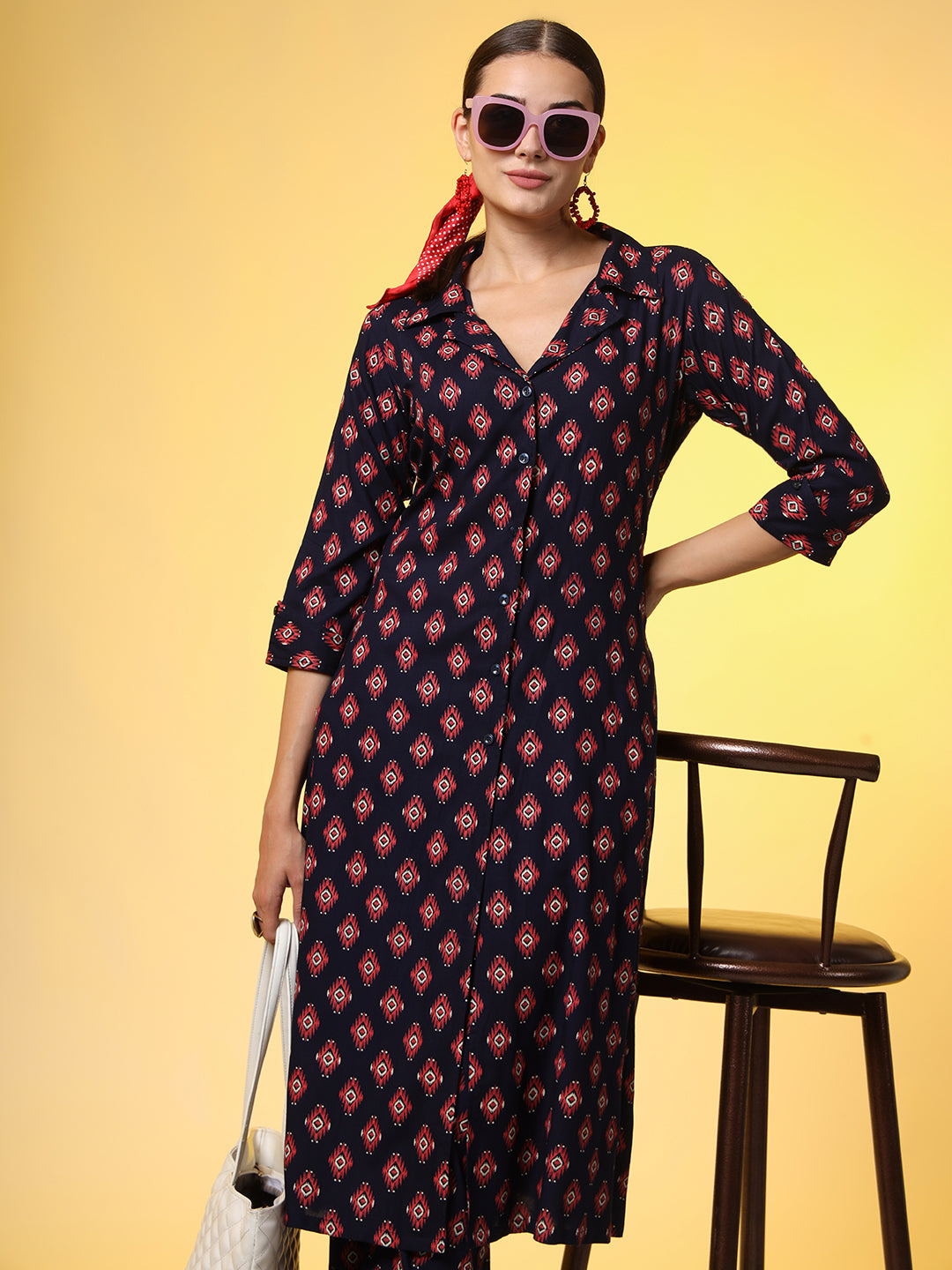 Women's Navy Blue With Red Color Motif Western Wear Co-Ord Set