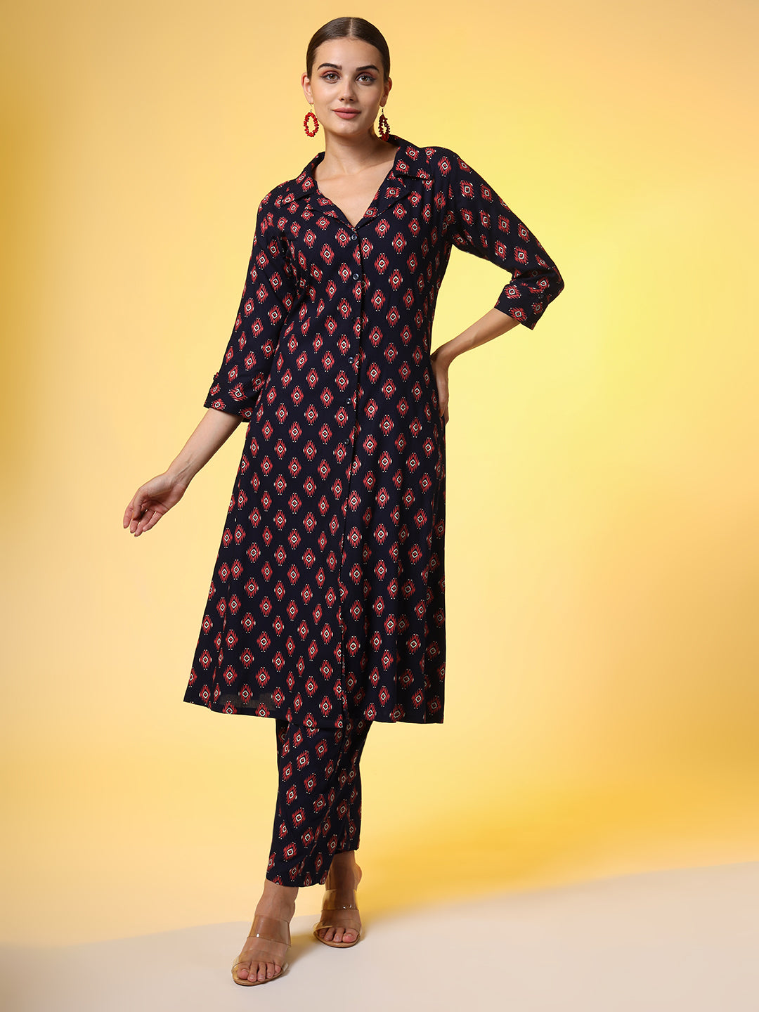 Women's Navy Blue With Red Color Motif Western Wear Co-Ord Set
