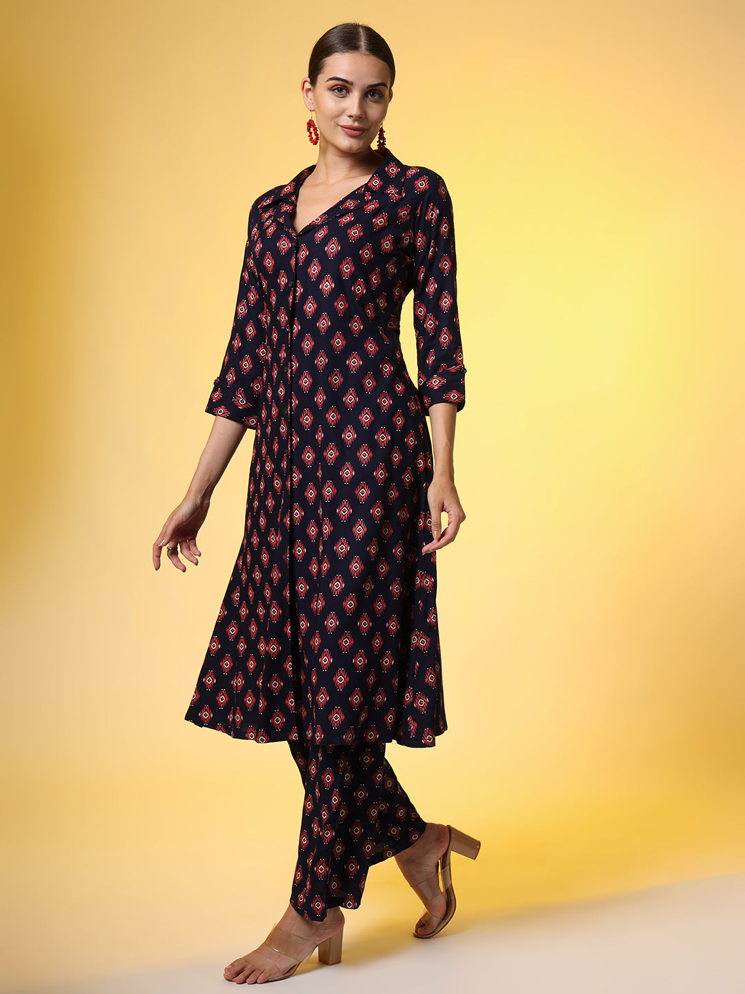 Women's Navy Blue With Red Color Motif Western Wear Co-Ord Set
