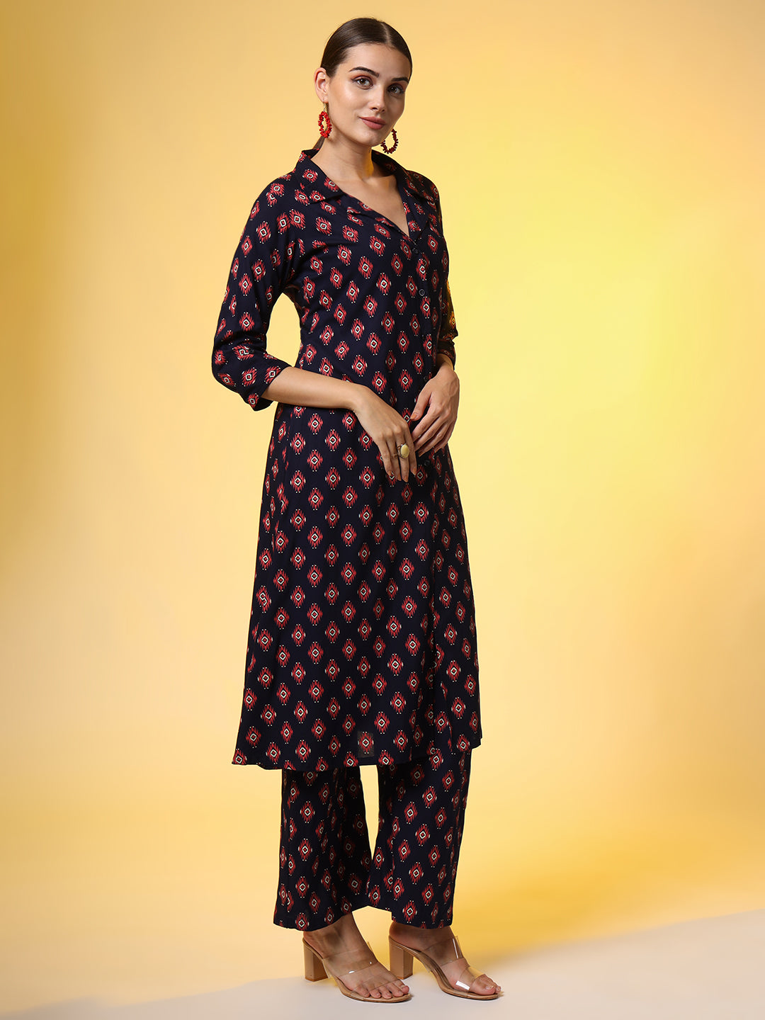 Women's Navy Blue With Red Color Motif Western Wear Co-Ord Set