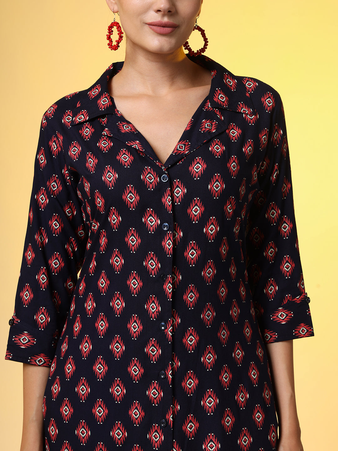 Women's Navy Blue With Red Color Motif Western Wear Co-Ord Set