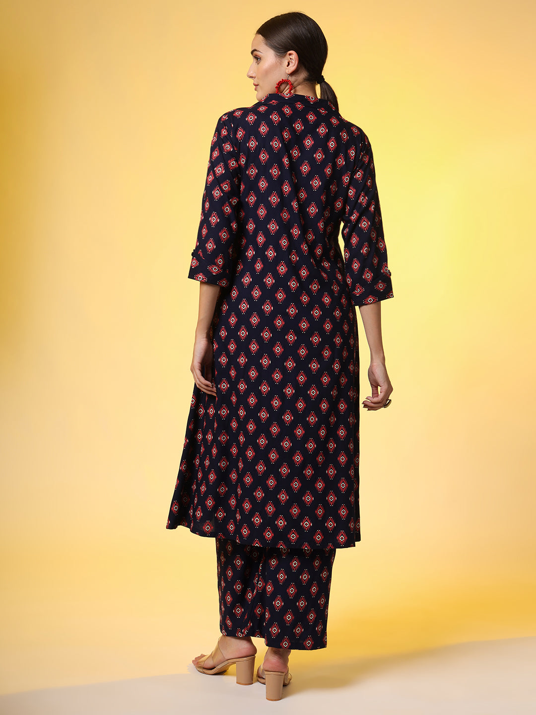 Women's Navy Blue With Red Color Motif Western Wear Co-Ord Set