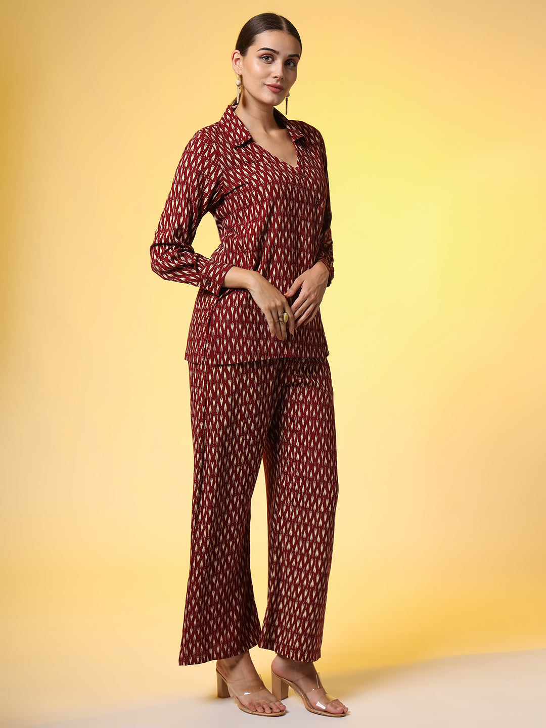 Women's Mehroon With Red Color Motif Western Wear Co-Ord Set