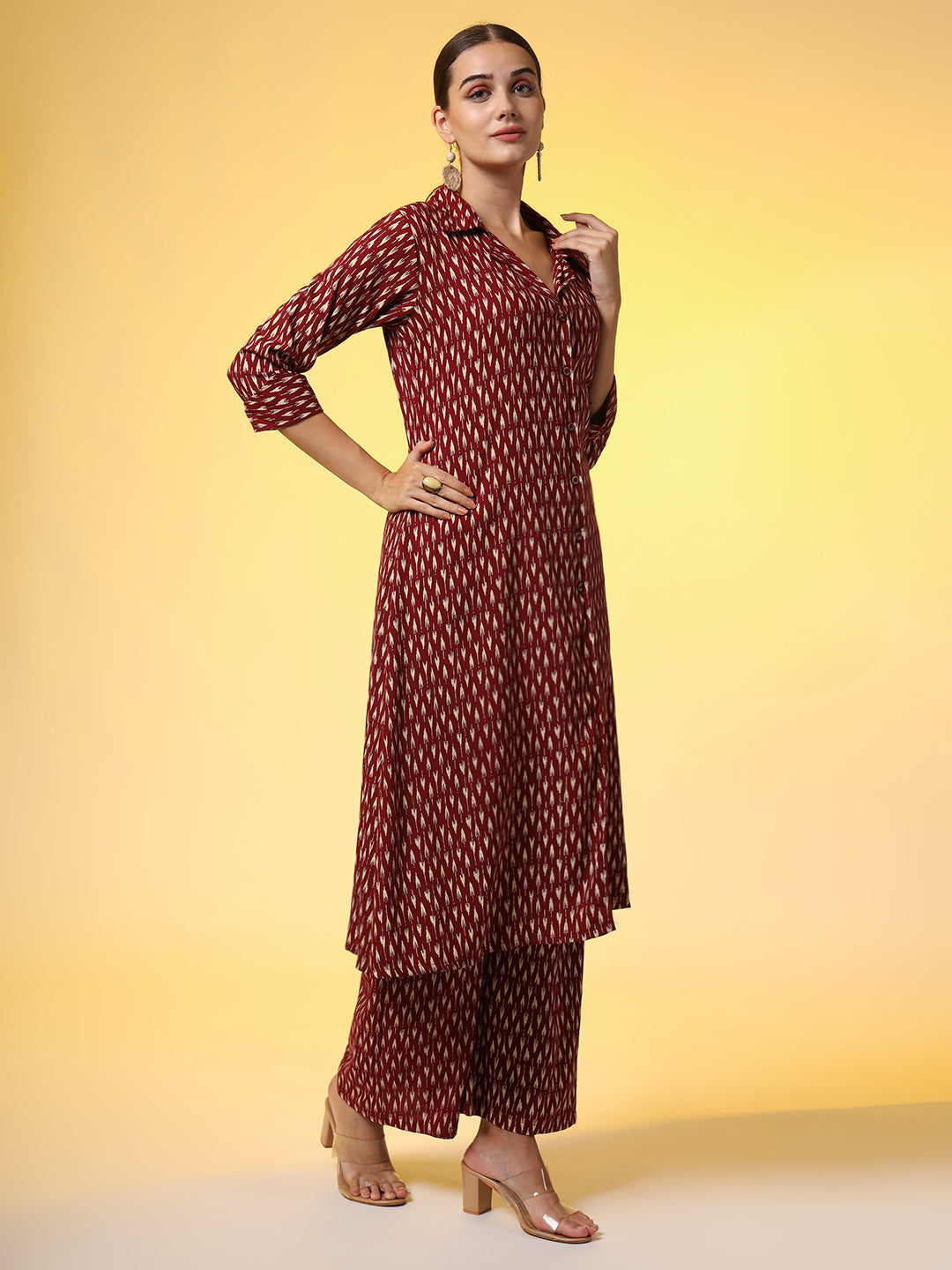 Women's Mehroon With Red Color Motif Western Wear Co-Ord Set