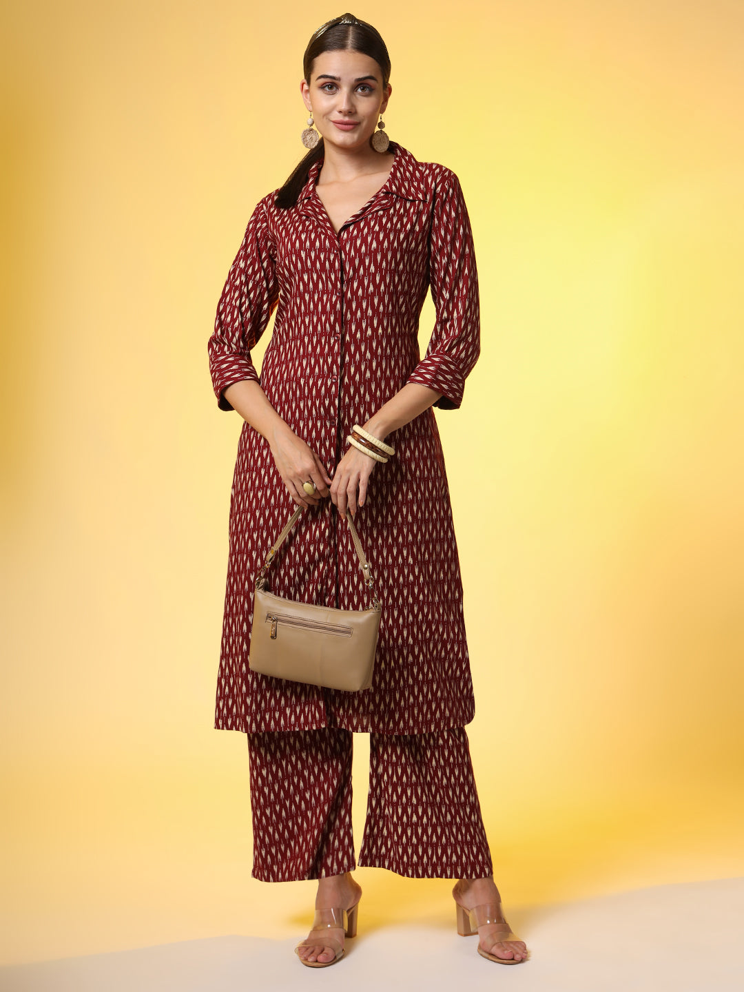 Women's Mehroon With Red Color Motif Western Wear Co-Ord Set
