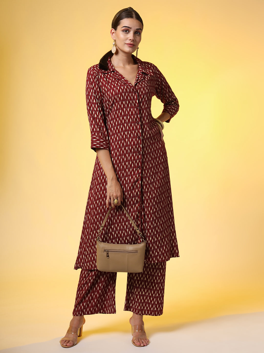 Women's Mehroon With Red Color Motif Western Wear Co-Ord Set