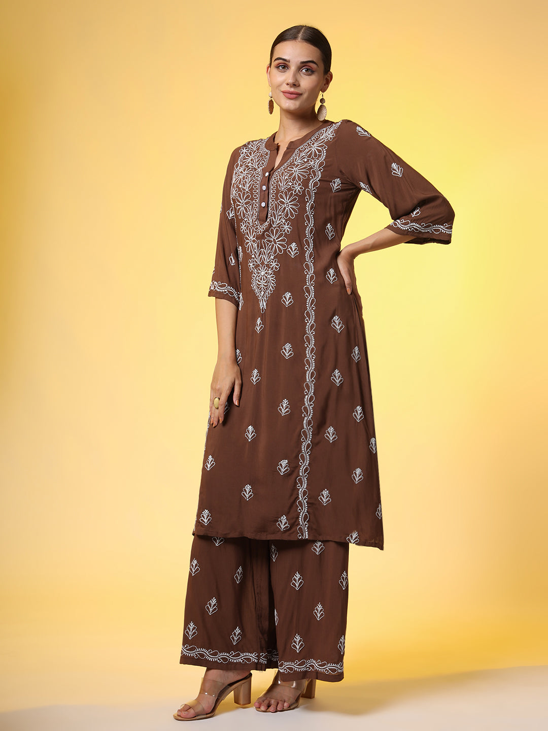Women's Brown Color Chikankari Co-Ord Set