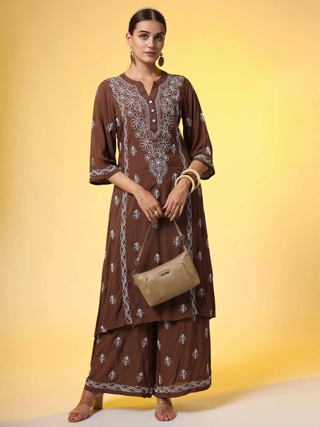 Women's Brown Color Chikankari Co-Ord Set