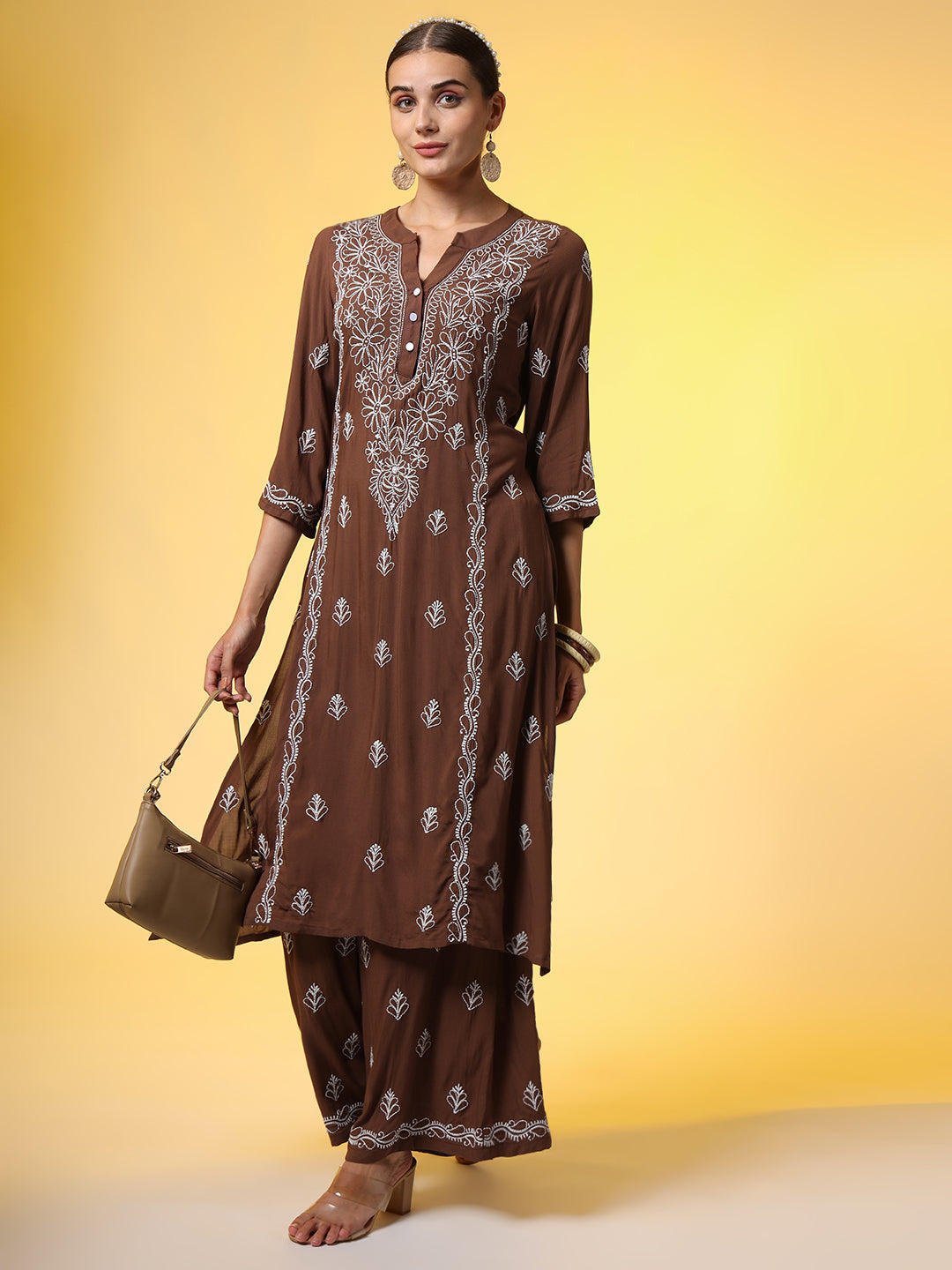 Women's Brown Color Chikankari Co-Ord Set
