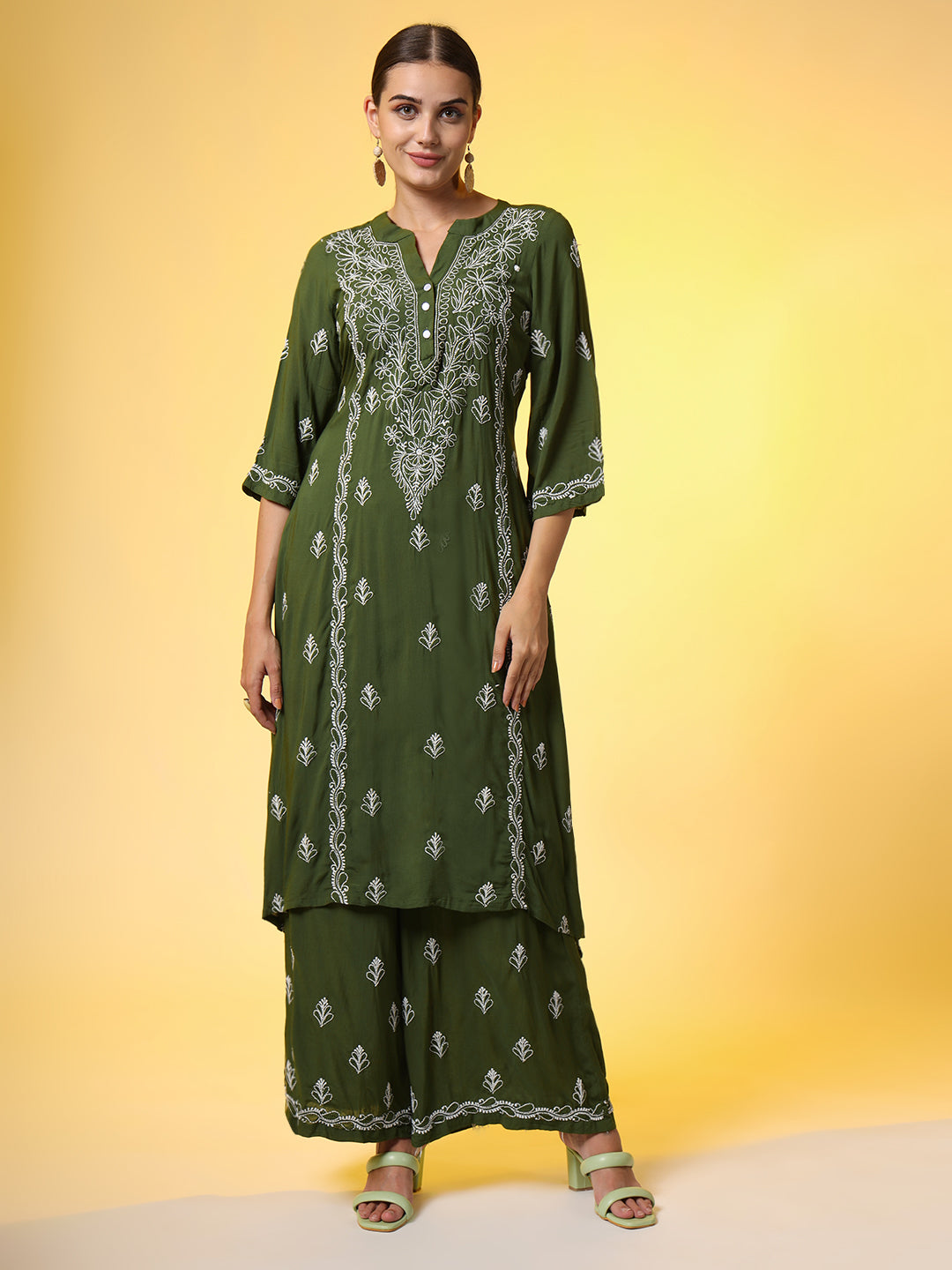 Women's Green Color Chikankari Co-Ord Set