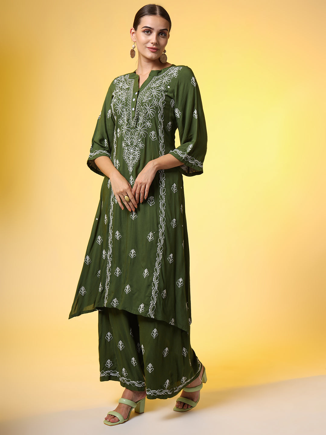 Women's Green Color Chikankari Co-Ord Set