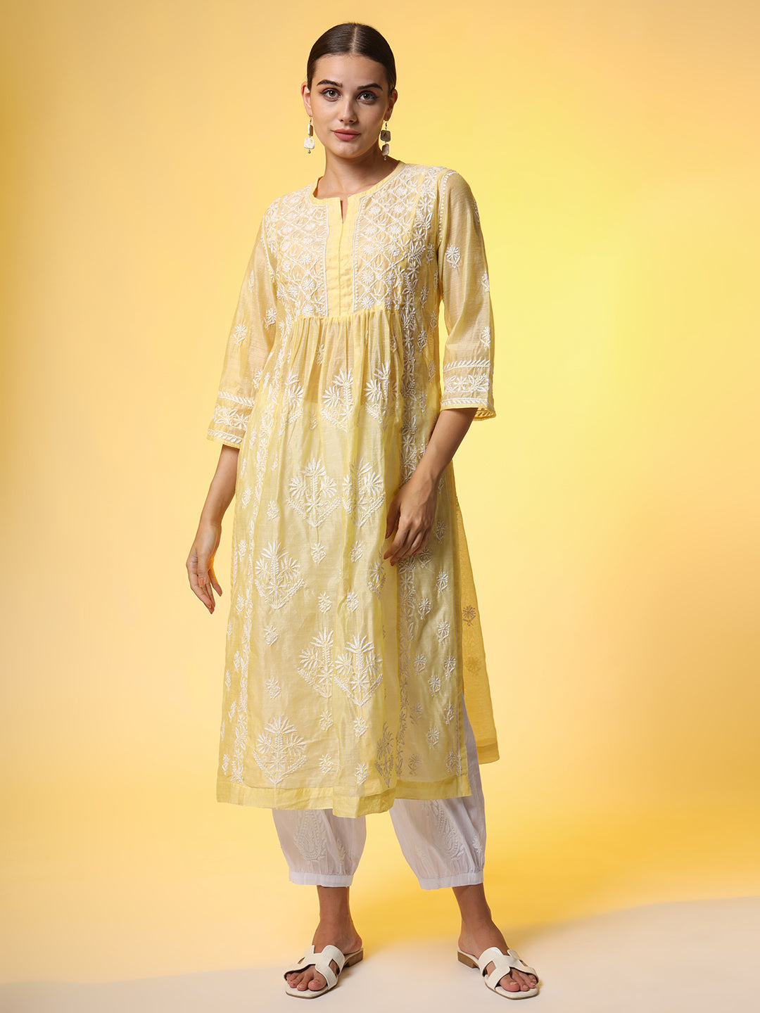Women's Chikankari Premium Dupatta Set Yellow Chanderi Kurta