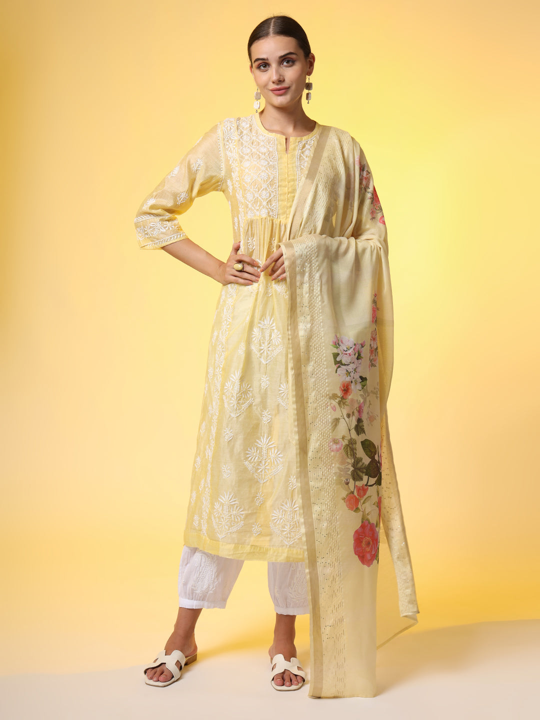 Women's Chikankari Premium Dupatta Set Yellow Chanderi Kurta