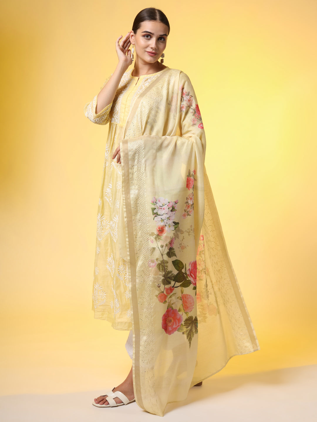 Women's Chikankari Premium Dupatta Set Yellow Chanderi Kurta