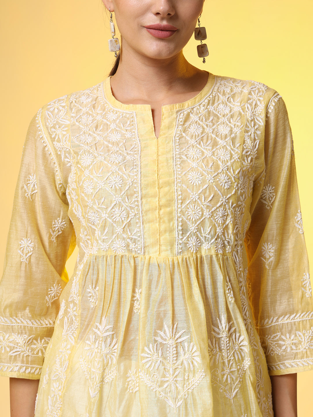 Women's Chikankari Premium Dupatta Set Yellow Chanderi Kurta