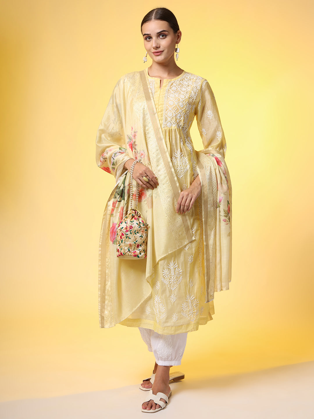 Women's Chikankari Premium Dupatta Set Yellow Chanderi Kurta