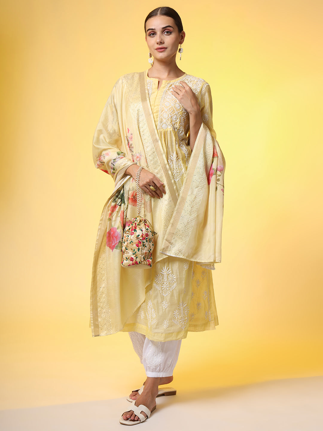 Women's Chikankari Premium Dupatta Set Yellow Chanderi Kurta