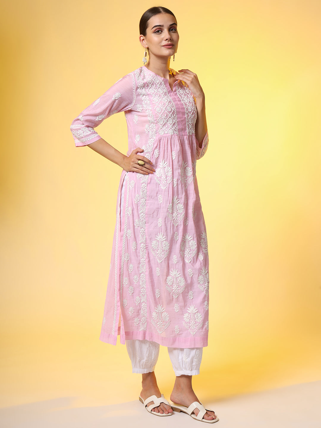 Women's Chikankari Premium Dupatta Set Pink Chanderi Kurta
