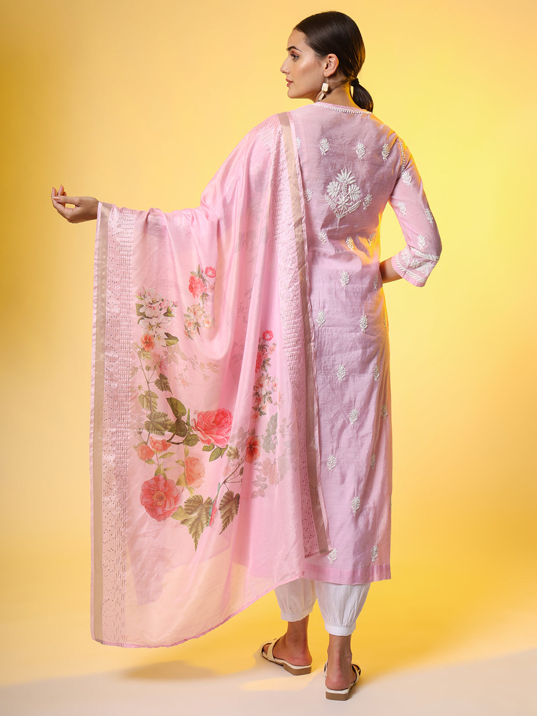 Women's Chikankari Premium Dupatta Set Pink Chanderi Kurta