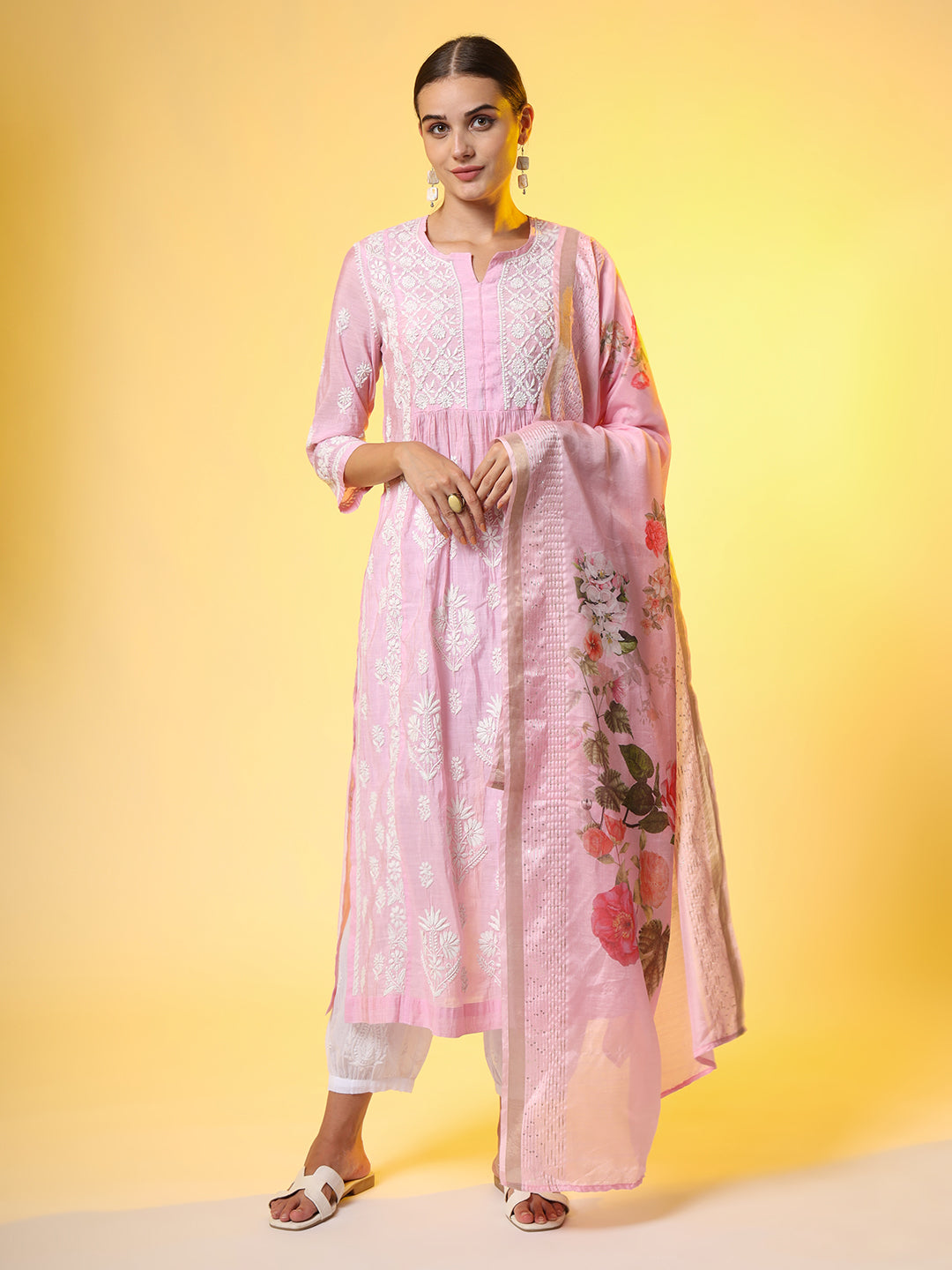 Women's Chikankari Premium Dupatta Set Pink Chanderi Kurta