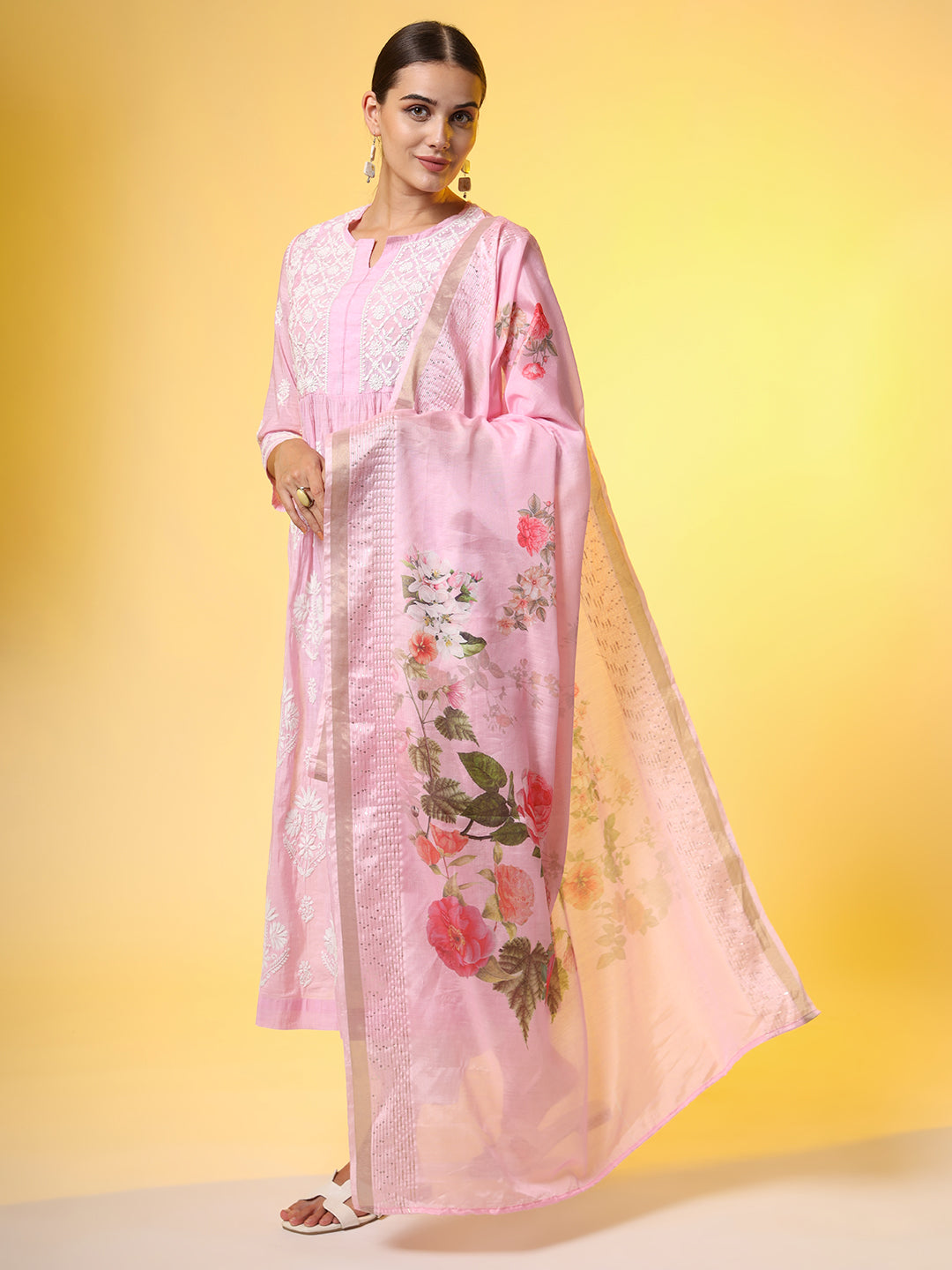 Women's Chikankari Premium Dupatta Set Pink Chanderi Kurta