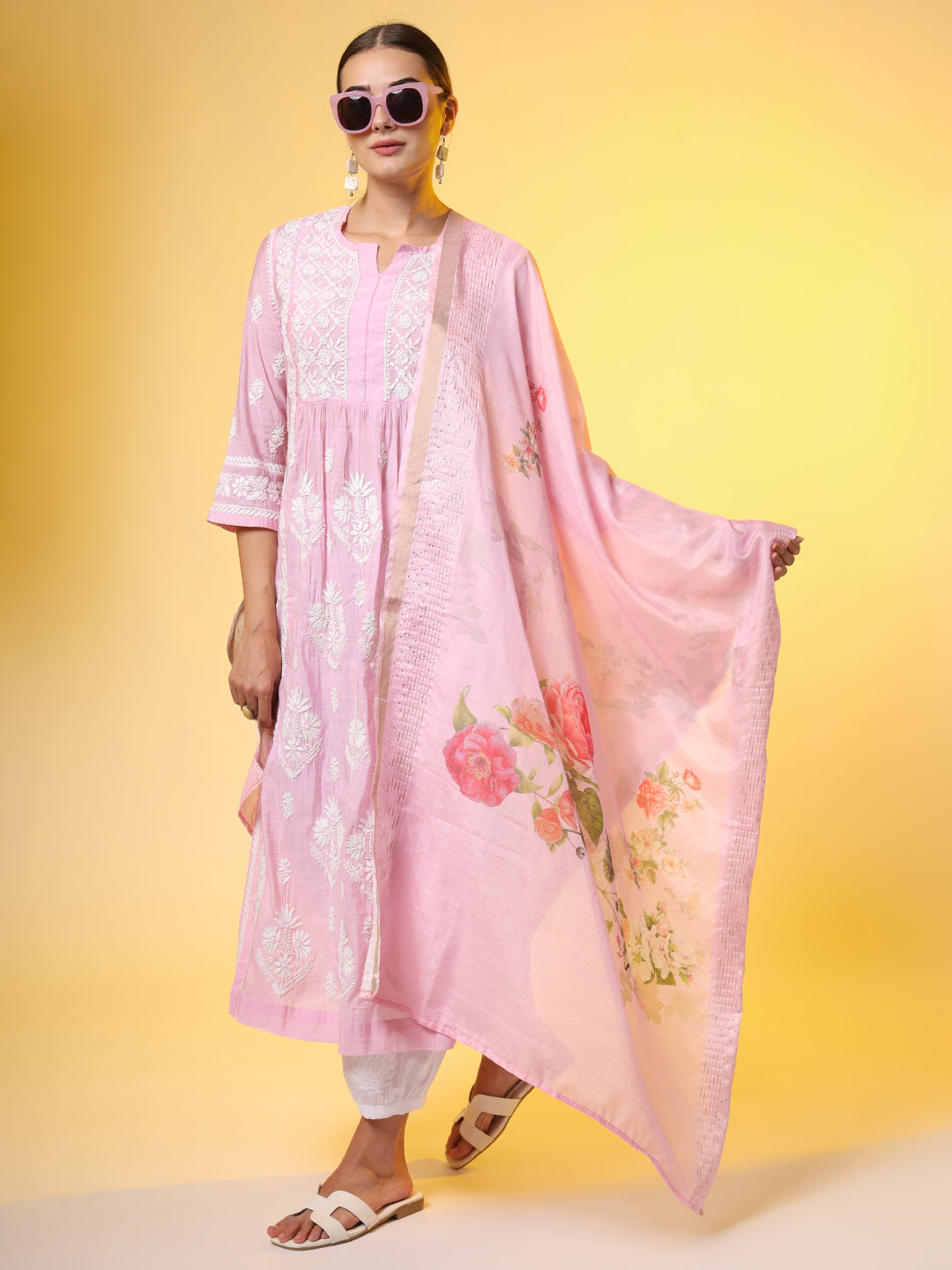 Women's Chikankari Premium Dupatta Set Pink Chanderi Kurta