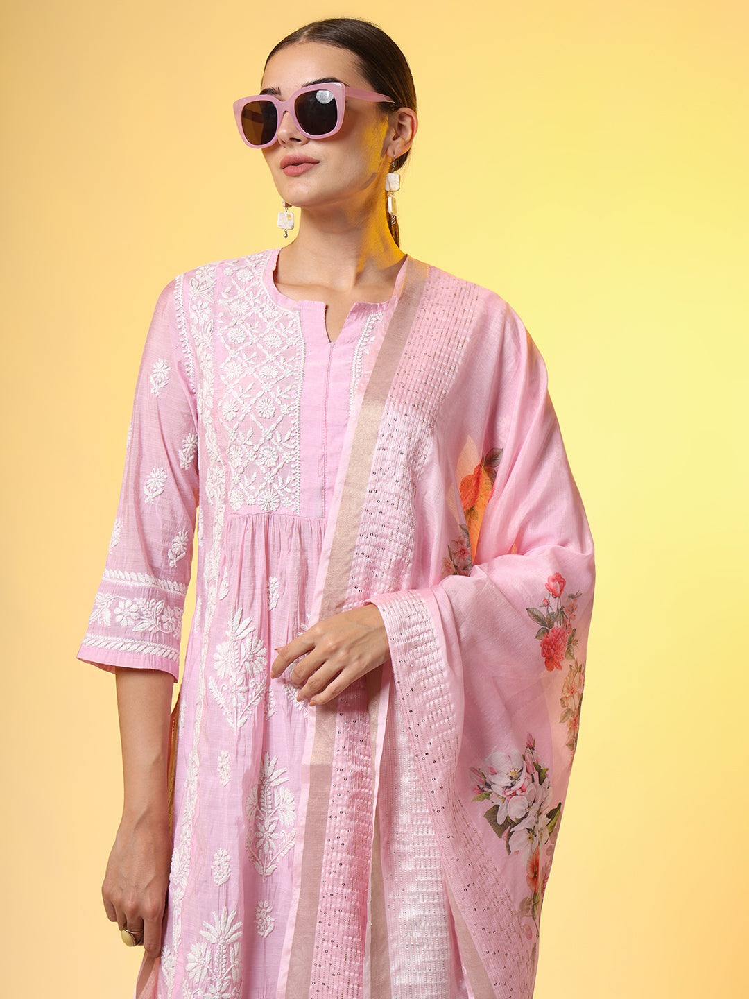 Women's Chikankari Premium Dupatta Set Pink Chanderi Kurta
