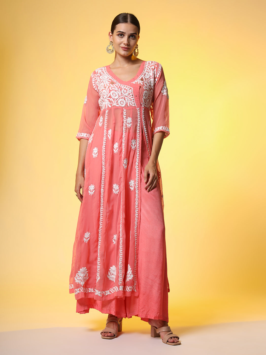 Women's Chikankari Premium Kalidar Georgette Kurta With Bottom Cotton Satiin