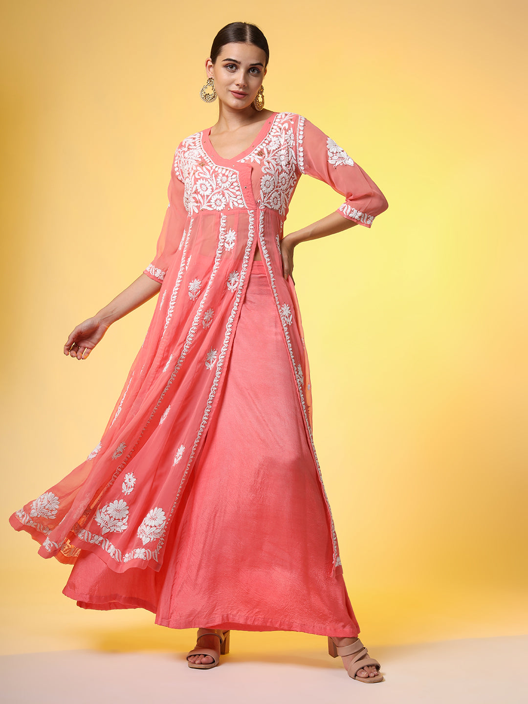 Women's Chikankari Premium Kalidar Georgette Kurta With Bottom Cotton Satiin