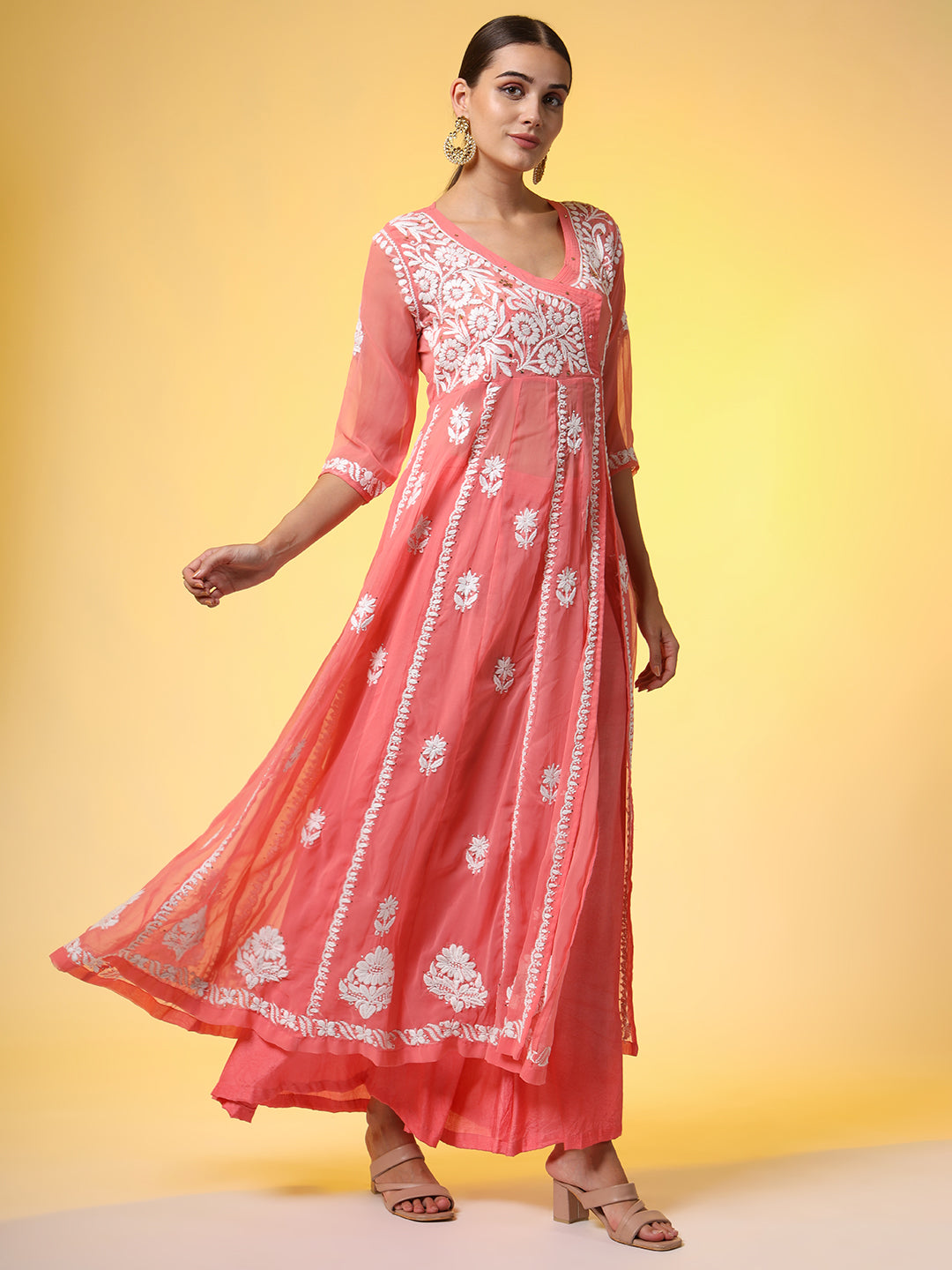 Women's Chikankari Premium Kalidar Georgette Kurta With Bottom Cotton Satiin