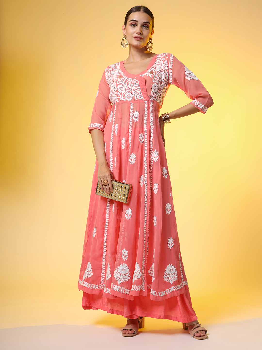 Women's Chikankari Premium Kalidar Georgette Kurta With Bottom Cotton Satiin