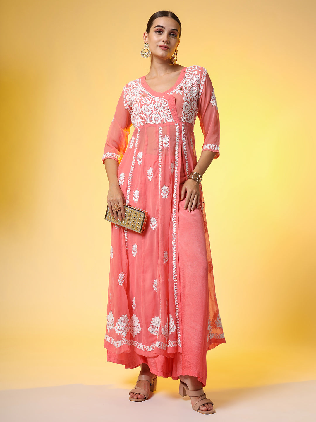 Women's Chikankari Premium Kalidar Georgette Kurta With Bottom Cotton Satiin