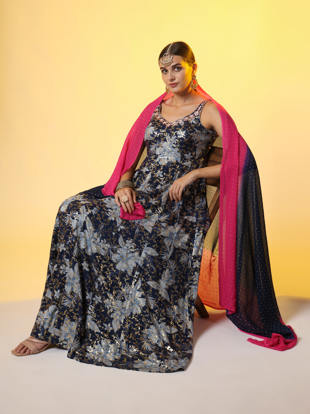 Women's Viscose Rayon Foil Printed Dress With Dupatta