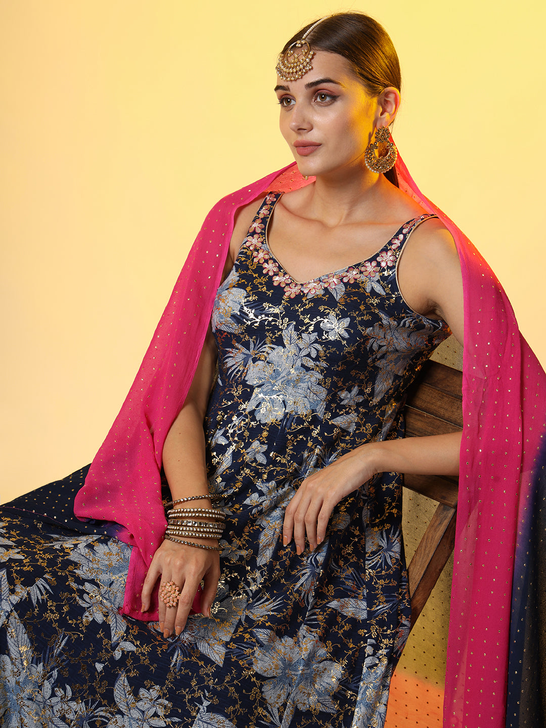 Women's Viscose Rayon Foil Printed Dress With Dupatta