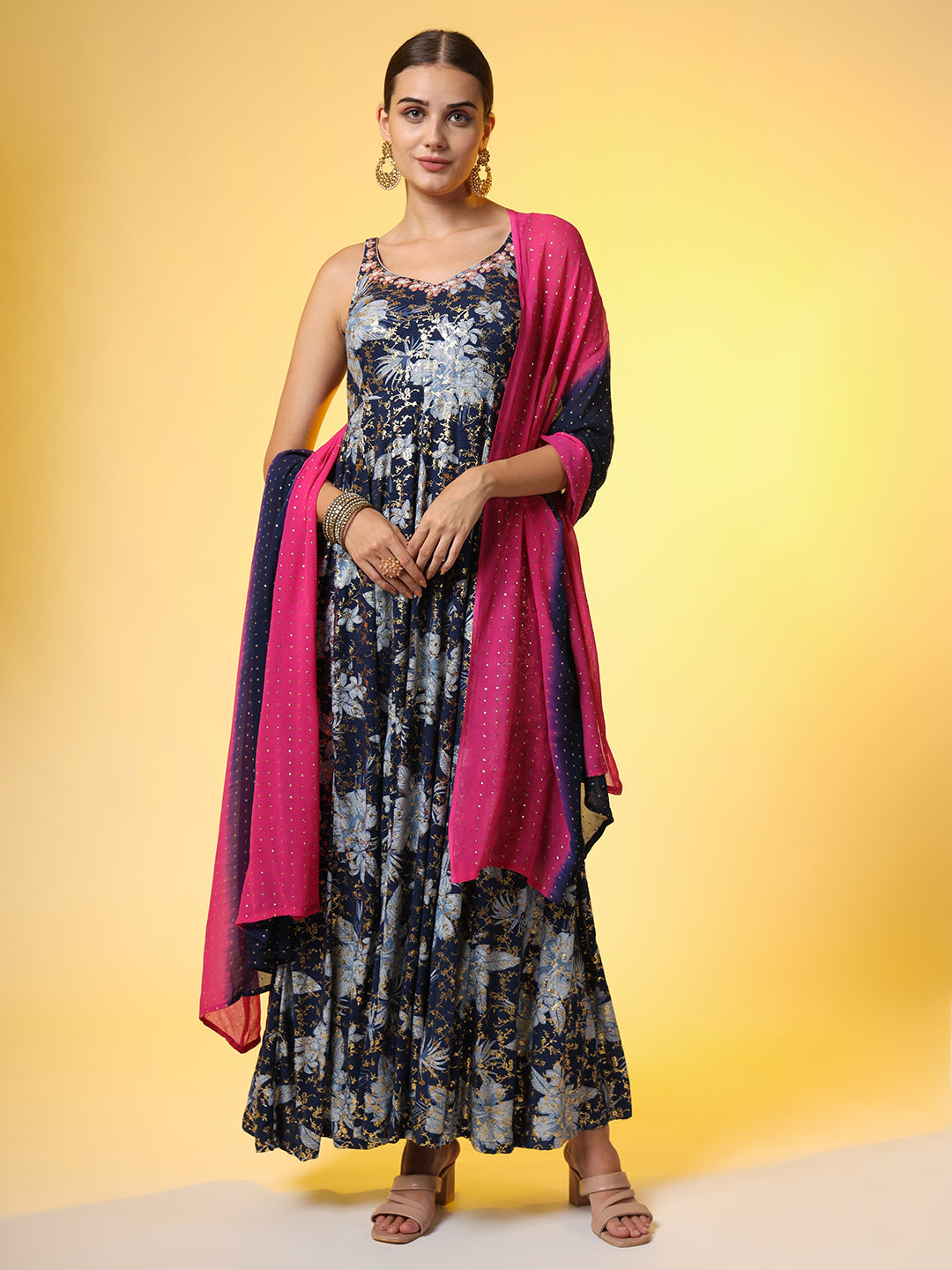 Women's Viscose Rayon Foil Printed Dress With Dupatta