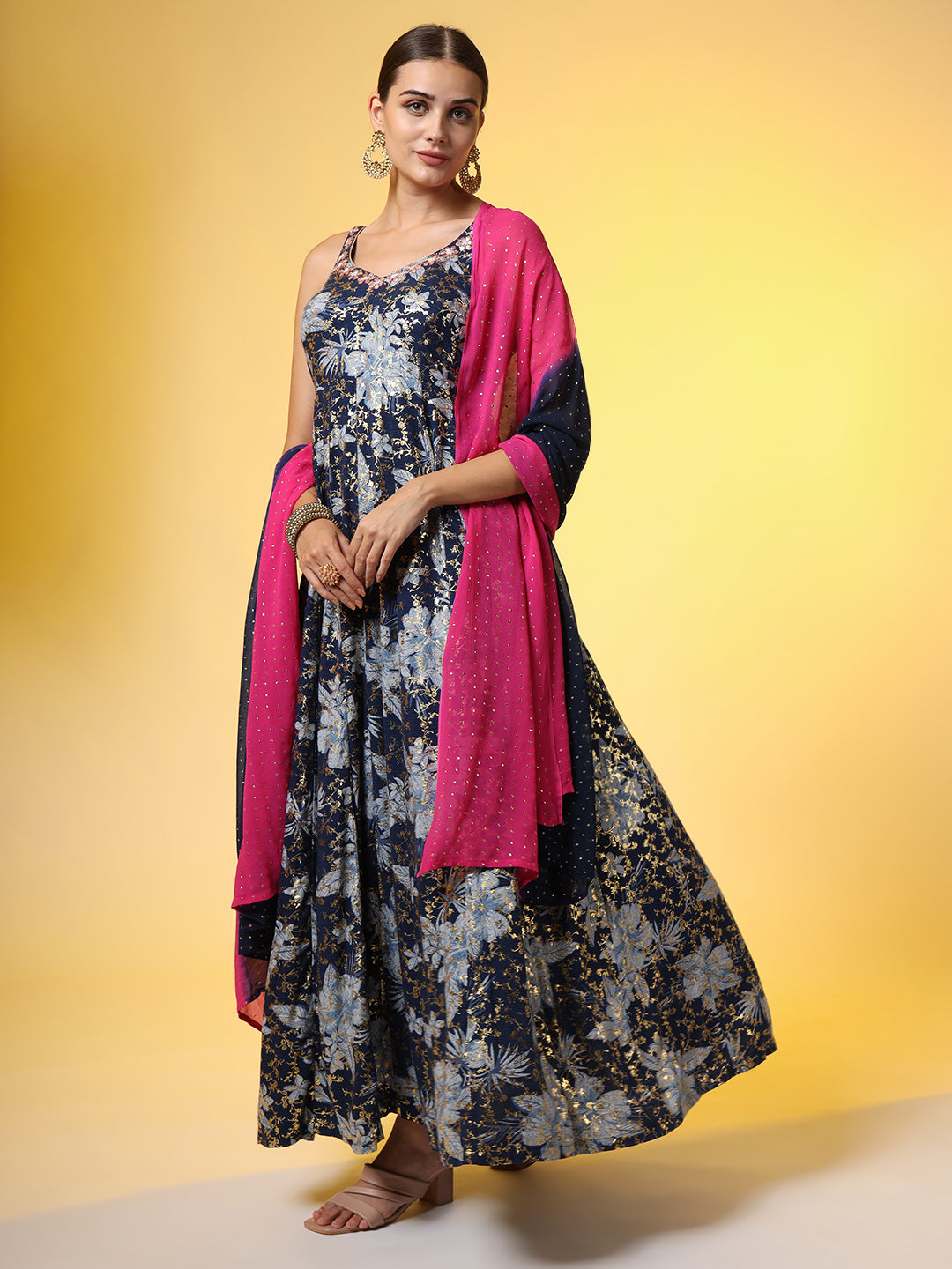 Women's Viscose Rayon Foil Printed Dress With Dupatta
